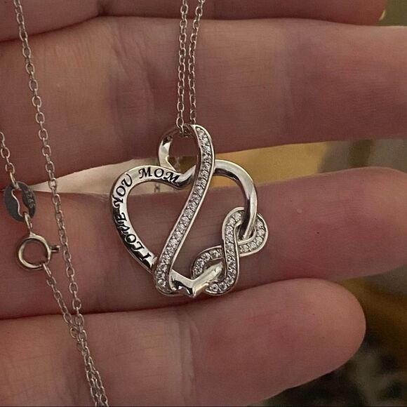“I Love You Mom” Sterling Silver CZ Infinity Heart Necklace - Picture 3 of 3